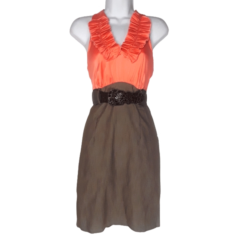 A.BYER Peach Satin Like Ruffle Sleeveless Brown Gray Pinstripe Dress w Belt 11